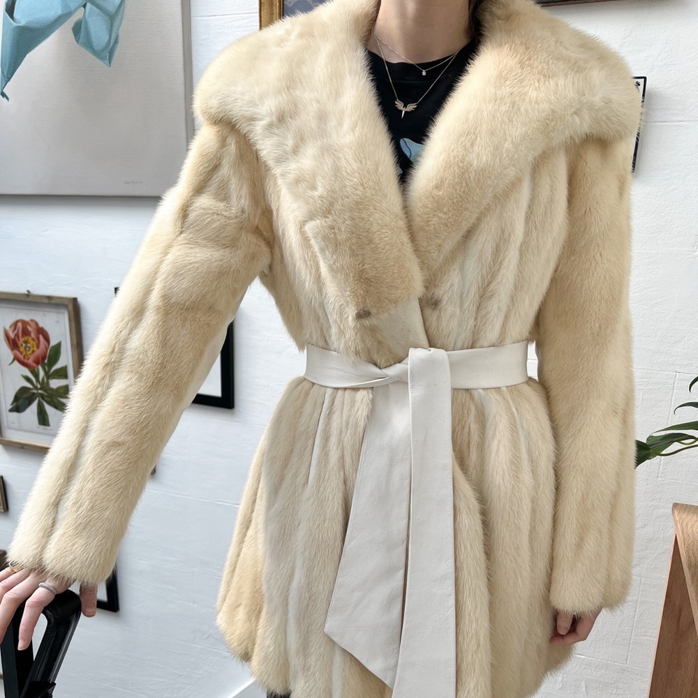 Beige Vintage Fur and Leather Coat w Leather Belt